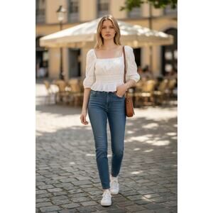 High Spirits 100% Cotton Peasant Blouse 6 Puff Sleeve Feminine Lace Maiden Retro